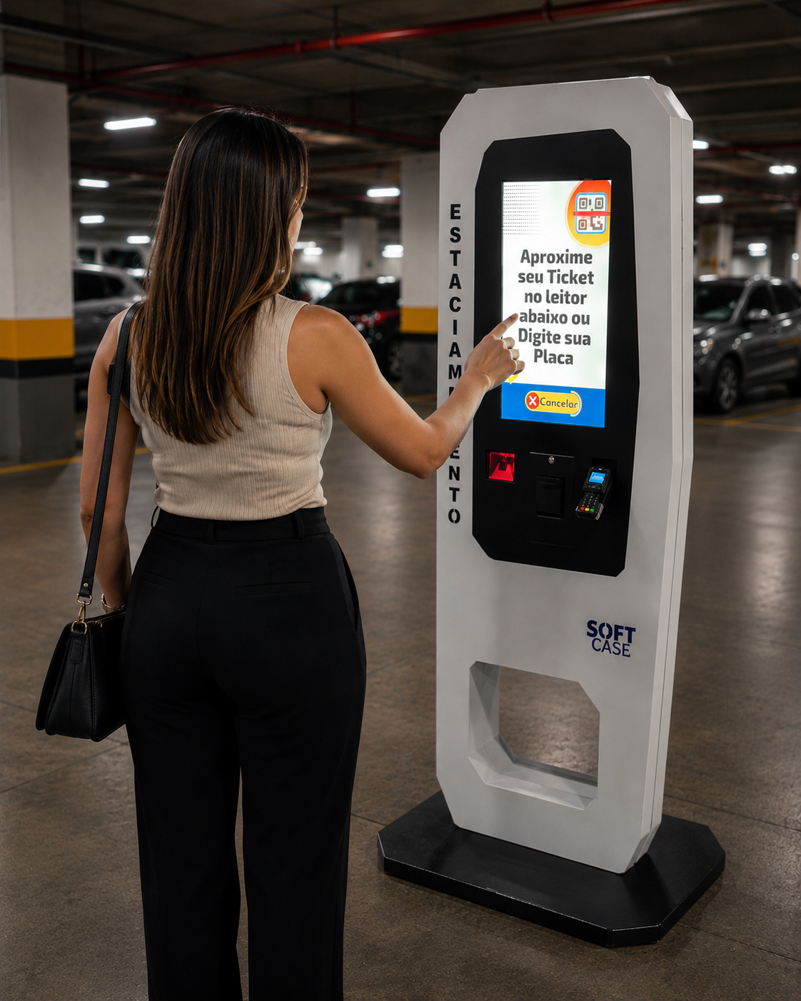 Cliente utilizando terminal de autoatendimento Softcase em estacionamento