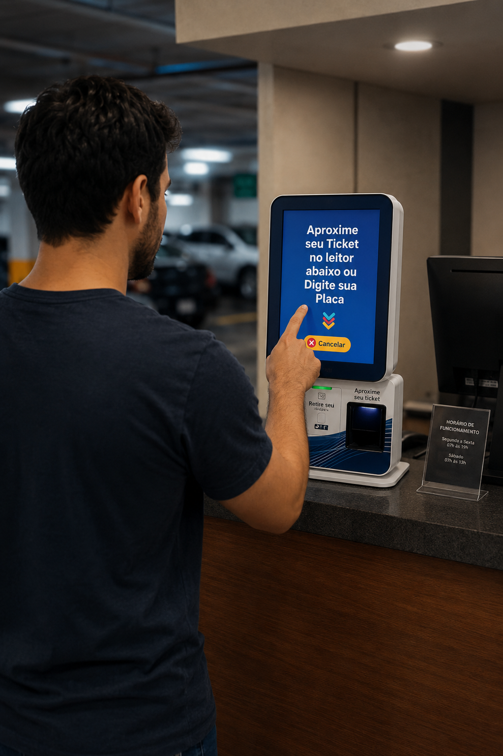 Cliente utilizando totem ATM Smart Softcase no caixa do estacionamento